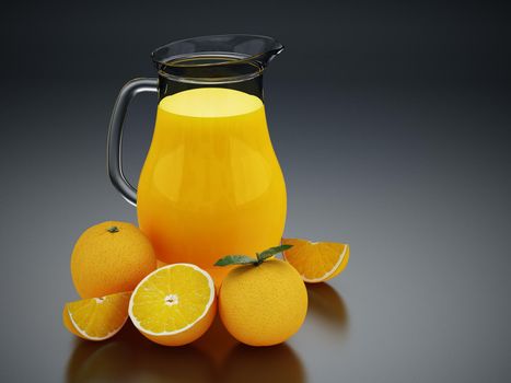 Orange juice jug and half cut oranges isolated on white background. 3D illustration.