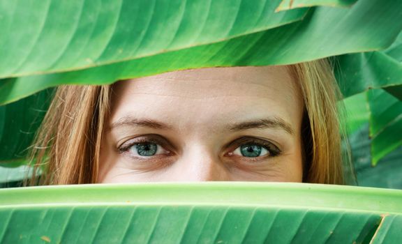 Summer vacation. Tropical nature. closeup of young woman eyes looking from palm trees leaves