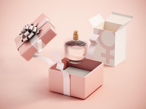 Perfume bottle inside elegant giftbox. 3D illustration.