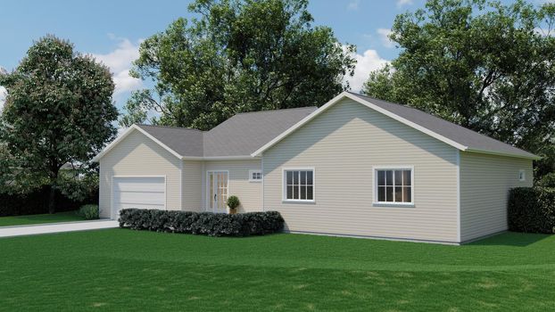 Beautiful house with white siding. 3D rendering of a house with a landscape. American house with a garage.