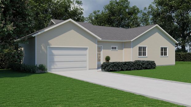 Beautiful house with white siding. 3D rendering of a house with a landscape. American house with a garage.