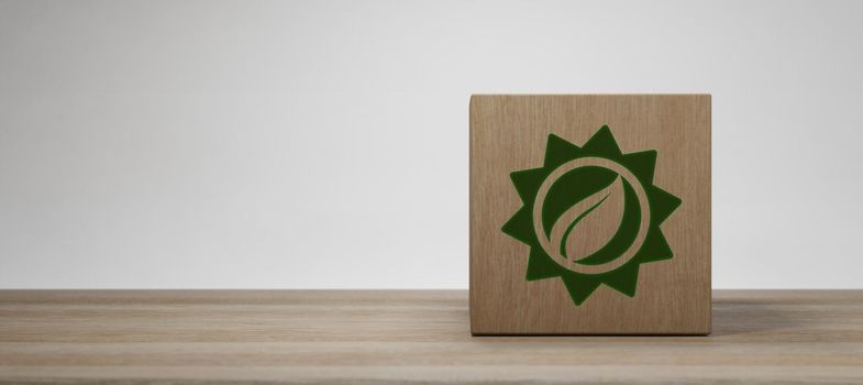 Solar Power Energy Green Eco Sustainability Icon on Wooden Block 3D Render