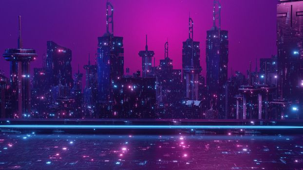 SciFi CityScape Night Scene Panorama Night City Banner Background 3d Render