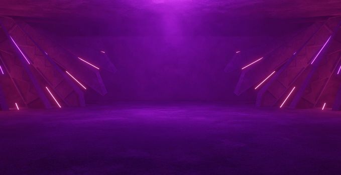 Creative Modern Tunnel Corridor Garage Showroom Underground Hall Dark Volumetrics Smoke Bright Purple Installation Abstract Background 3D Render