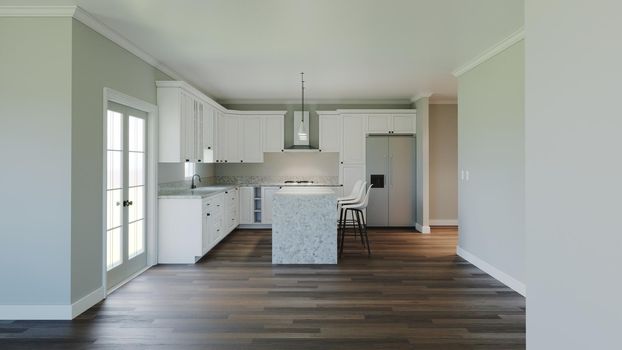 3d rendering of an interior with a white kitchen. The interior is in pastel light colors. New house.