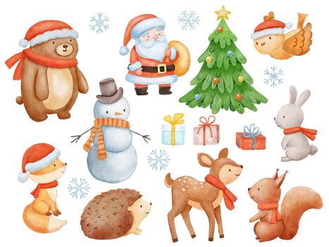 Cute Santa Claus, deer, bear and snowman. Set of Watercolor Christmas illustrations isolated on white.