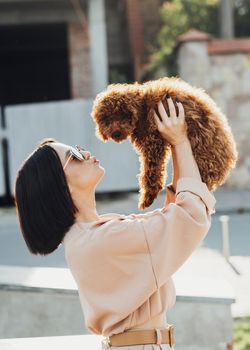 Young brunette woman happy owner of redhead dog toy poodle, adult girl holding on hands her four paws pet