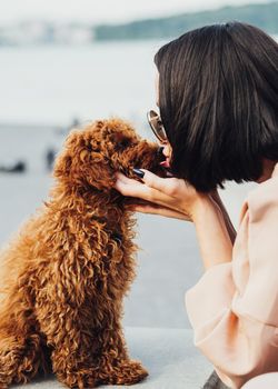 Brunette woman kissing her pet, redhead dog breed toy poodle outdoors