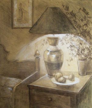 Illuminated lamp in the room, charcoal, pastel . High quality photo