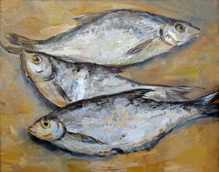 Three fresh fishes, oil painting . High quality photo
