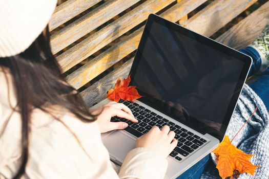 Girl uses a laptop while sitting on a bench in the autumn park. Blank for design on laptop screen.