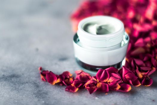 luxe face cream and rose petals - cosmetics with flowers styled beauty concept, elegant visuals