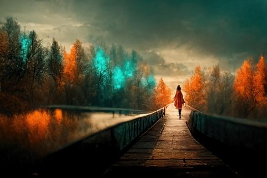 Cinematic scenery, teal and orange path, 3d illustration