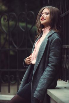 young beautiful girl posing on the autumn street. Dressed in a stylish gray coat, knitted pink sweater and skirt. small stylish handbag