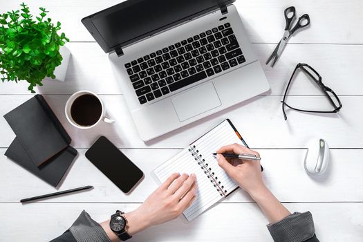 Overhead view of businesswoman working at computer in office. Place for your text. Ideal for blog. flat lay on white background