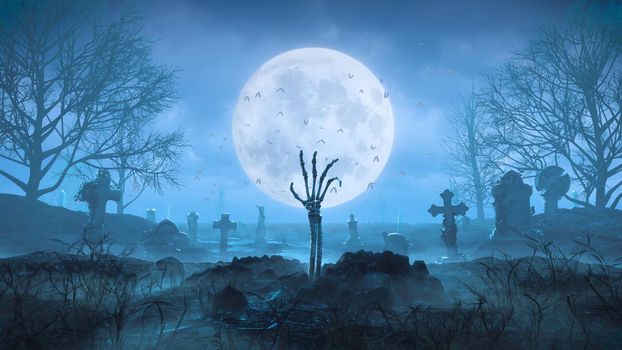 3d render Skeleton arm crawls out of the ground at night against the background of the moon in the cemetery in 4k