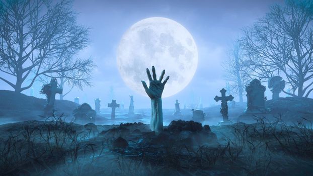 3d render Zombie hand crawls out of the ground at night against the background of the moon in the cemetery in 4k