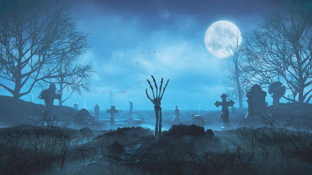 3d render Zombie hand crawls out of the ground at night against the background of the moon in the cemetery in 4k