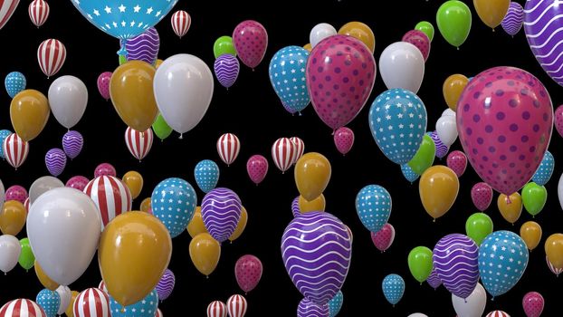 3d render multicolored balloons on a black background in 4k