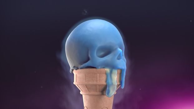 3d render Melting ice cream in the form of a skull in 4k