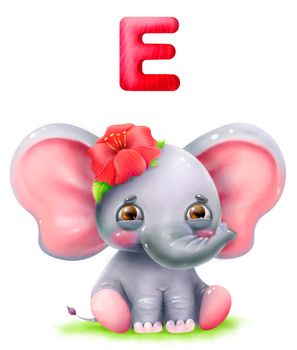 cartoon cute elephant with flower and letter of the alphabet in 5k