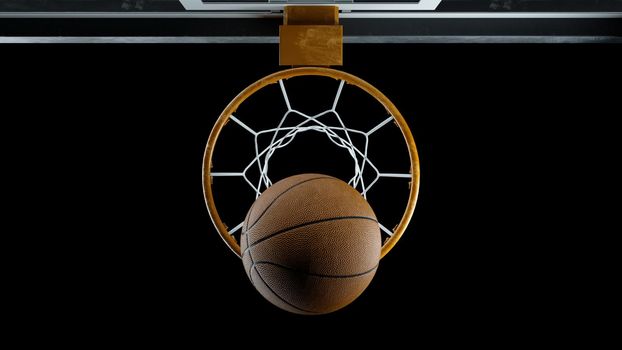 3d render Basketball hit the basket on a black background in 4k