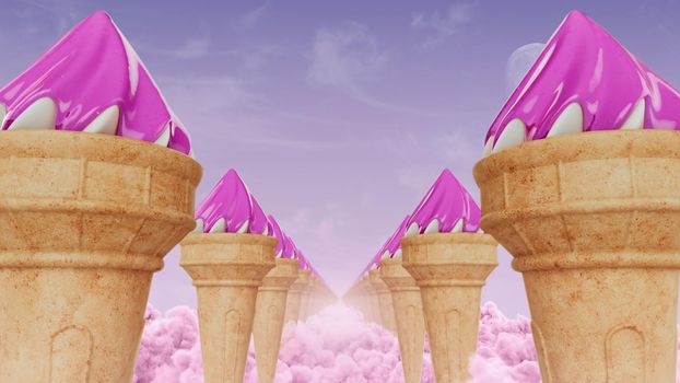 3d render of ice cream corridor on pink clouds in 4k