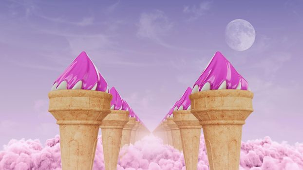 3d render of ice cream corridor on pink clouds in 4k