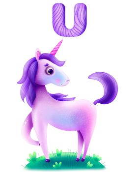 Funny animal alphabet for the kids: U for the Unicorn. Beautiful fairy unicorn stands in the meadow.