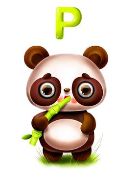 Cute cartoon panda with a bamboo and a letter of the alphabet in 5k