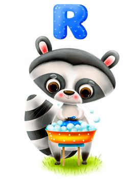 Cute hand-drawn raccoon with a letter on a white background in 5k