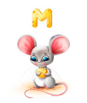 Cute cartoon mouse holds cheese on a white background in 5k