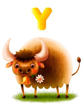 Funny cartoon yak with a flower on a white background in 5k