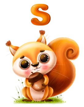 Cute cartoon squirrel with a nut and a letter on a white background in 5k