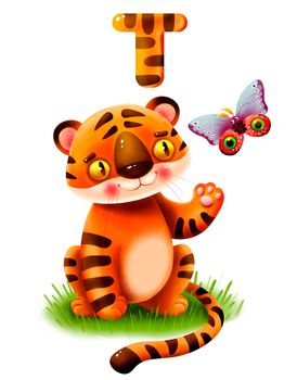 Kind cartoon tiger playing with a butterfly on a white background in 5k