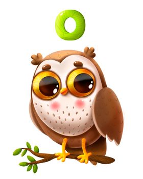 Funny cartoon owl with big eyes and a letter of the alphabet in 5k