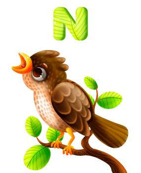 Funny animal alphabet for the kids: N for the Nightingale. Cartoon illustration. Nightingale sits on a branch and sings.