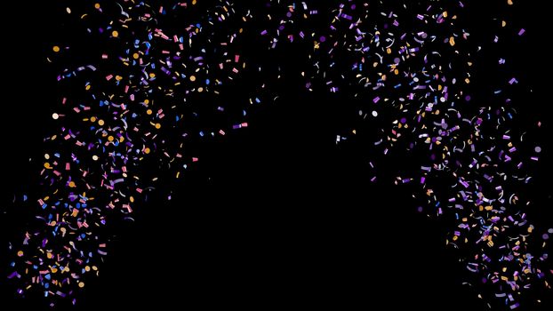 A fountain of colorful confetti falling on the floor on an black background 4k