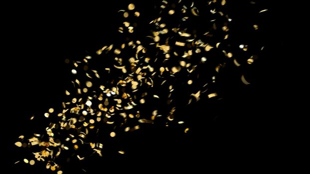 Side shot of colorful and gold confetti on an black background4k