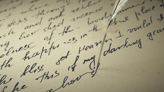 3d render ink pen writes poetry on old paper in 4k