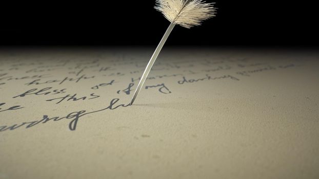 3d render ink pen writes poetry on old paper in 4k