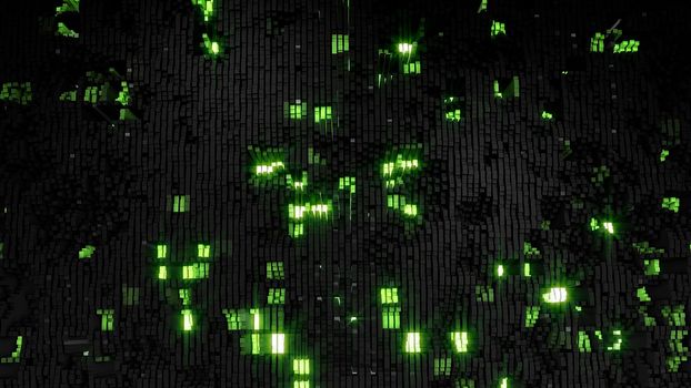 3D render Digital background of the many black-green squares 4k