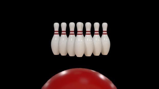 3d render Red bowling ball on a black background with pins 4k