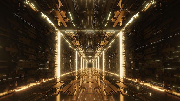 3d rendering gold Digital futuristic neon tunnel 4k