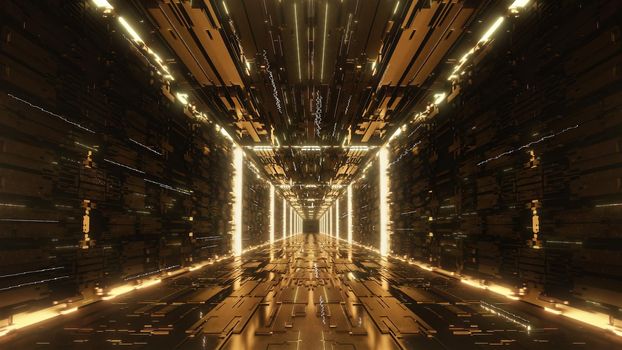3d rendering gold Digital futuristic neon tunnel 4k