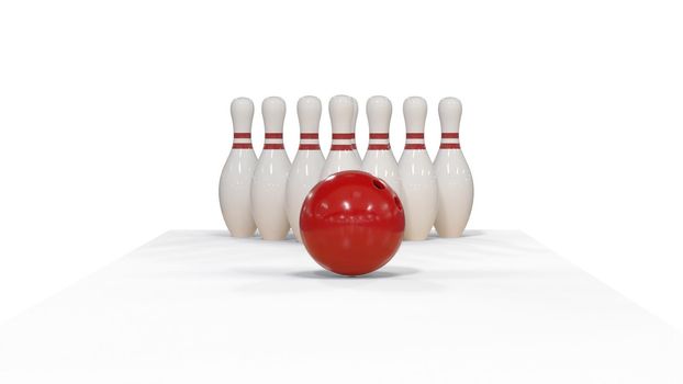 3d render Red bowling ball on a white background with pins 4k