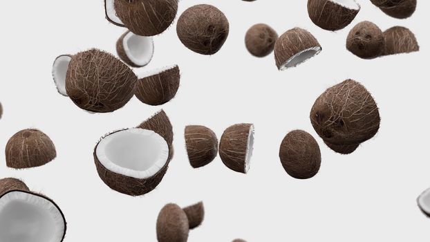 3D Render Falling coconuts on a white background 4k