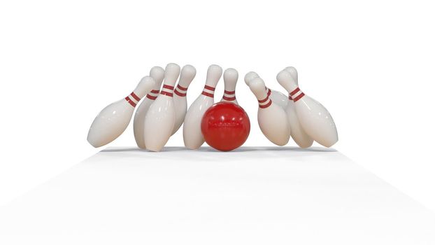 3d render Red bowling ball strike on a white background with pins 4k