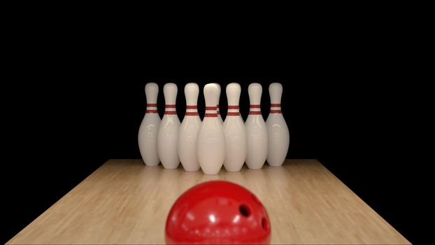 3d render Red bowling ball on a black background with pins 4k