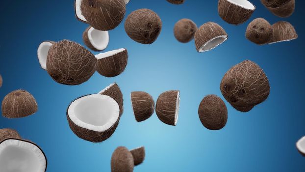 3D Render Falling coconuts on a blue background 4k
